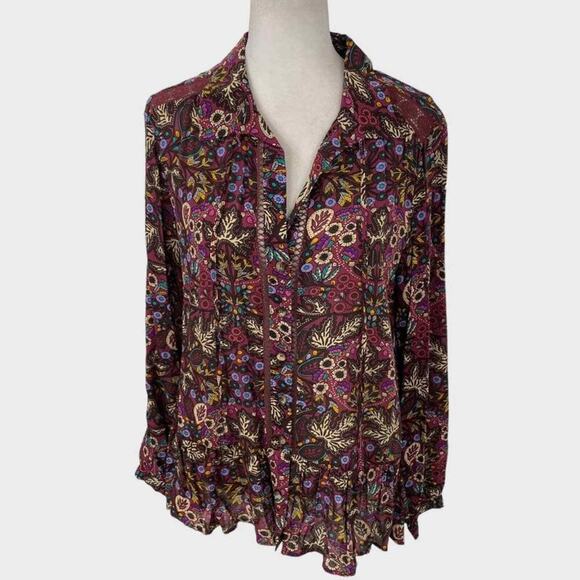 Maeve Anthropologie Burgundy Multicolor Floral Ruffle Hem Blouse Oversized Women - Picture 1 of 11